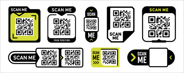 Qr code scan me stickers and buttons with arrows and labels. Mobile sticker frame for logo scanner smartphone tag and vector app bar.