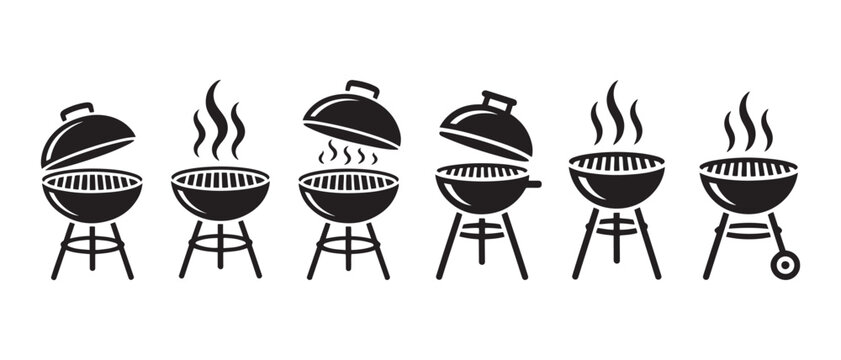 Barbecue Grill Icons Set Vector Illustration of Various Charcoal BBQs for Outdoor Cooking and Summer Parties.