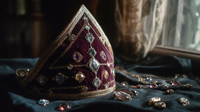 mitre. A bishop's ceremonial hat resting on dark velvet cloth, gemstones gleaming. event programs, museum guides, designed for cultural heritage projects and event programs, supports education.