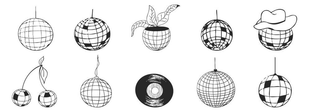 Disco ball set, sketch y2k line tattoo creative. Retro doodle party hand drawn decoration. Music, party, and vintage.