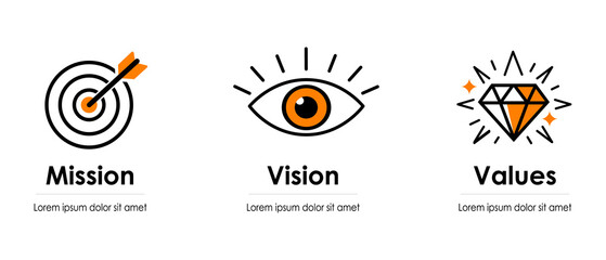 Mission vision values icon set, business strategy symbols, corporate goal concept vector illustration