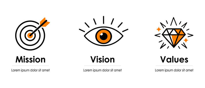 Mission vision values icon set, business strategy symbols, corporate goal concept vector illustration