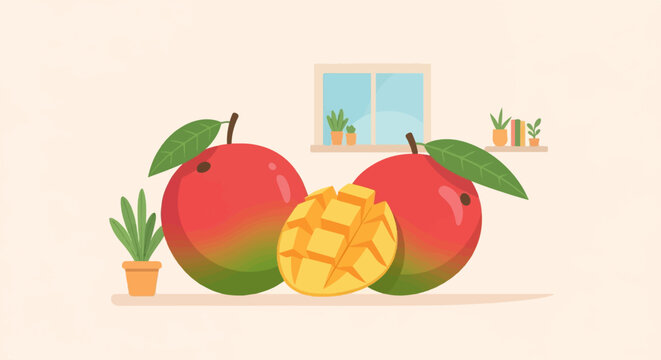 Whimsical illustration of two ripe mangoes and a cut mango slice with plants by a window