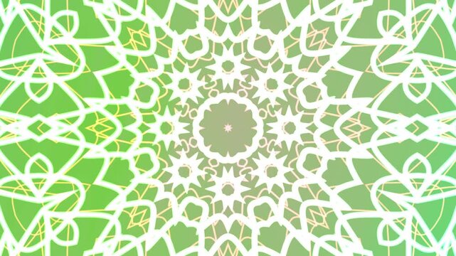 kaleidoscope overlay white circular symmetrical pattern suitable for backgrounds, textiles, prints, and packaging design on a green gradient background.
