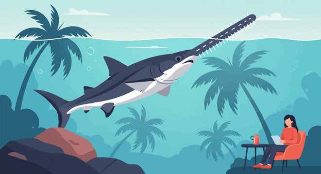 Woman working by ocean with sawfish and palm trees
