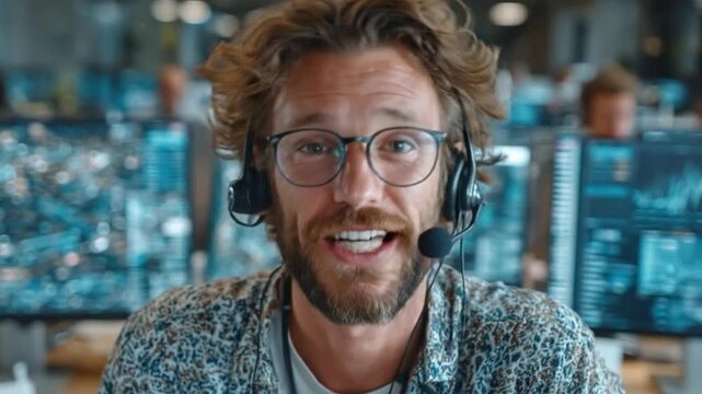  A tech support representative with a headset engages in a virtual conversation, highlighting the dynamic interaction of modern customer service.