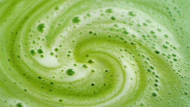 Macro seamless loop of swirling green matcha tea with frothy bubbles