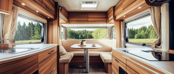 Fototapeta premium Cozy Modern Interior of a Camping RV with Wooden Finish