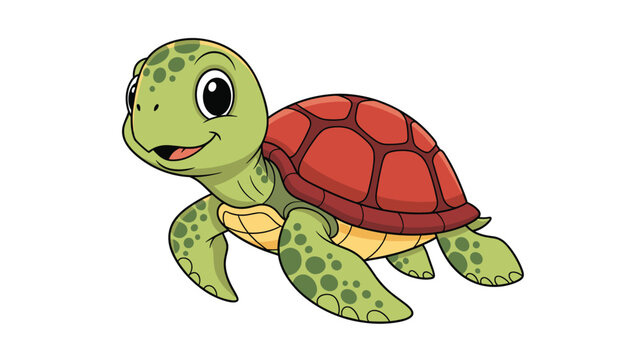 Cute and happy cartoon baby sea turtle with a red shell and big eyes, smiling and swimming on a transparent background.