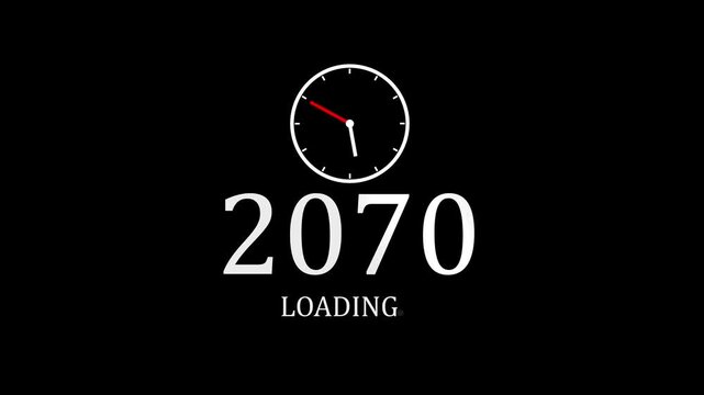 2070 Loading Concept with Clock on Black Background Time Countdown, Waiting Process, Future Transition and New Year Technology Progress Indicator,with video animation.