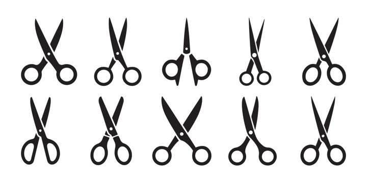 Collection of Black Scissors Icons Set. on White Background - Various Cutting Tool Silhouettes Vector Graphic.
