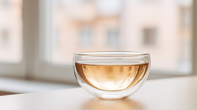 consomme. Crystal clear glass bowl filled with golden consomme soup, natural window lighting. menu design, packaging mockups, designed for food delivery and cloud-kitchen brand materials.