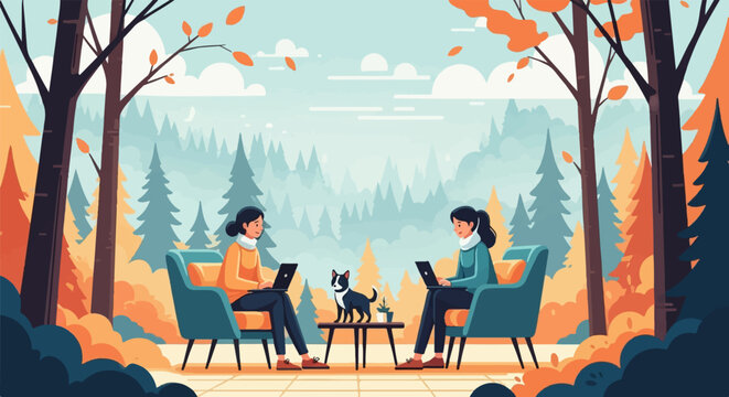 Two women work on laptops outdoors in autumn with a dog and cat
