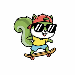 Naklejka premium Cool Squirrel Skater Cartoon Illustration with Sunglasses and Cap.
