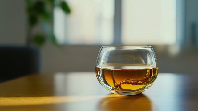 consomme. Crystal clear glass bowl filled with golden consomme soup, natural window lighting. menu design, packaging mockups, designed for food delivery and cloud-kitchen brand materials.