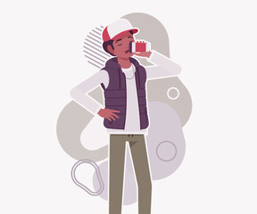 Young dark skin guy wearing cap, vest finger drinking. Boy outdoor camping holiday, male hiking, shipping service delivery courier. Vector flat style cartoon illustration, creative background