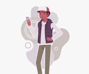Young dark skin guy wearing cap, vest phone holding. Boy outdoor camping holiday fun, male hiking, shipping service delivery courier. Vector flat style cartoon illustration, creative background