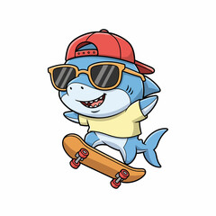 Naklejka premium Cute cartoon shark character wearing sunglasses and a cap riding a skateboard.