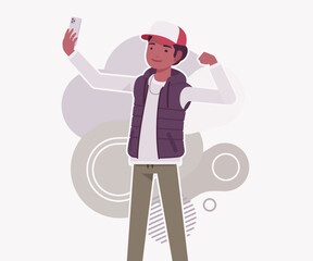 Young dark skin guy wearing cap, vest phone selfie pose. Boy outdoor camping holiday, male hiking, shipping service delivery courier. Vector flat style cartoon illustration, creative background