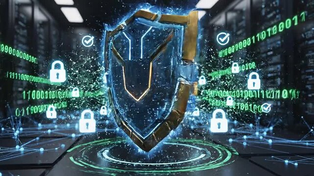 Data shield protecting servers with digital security locks for cyber defense and information privacy in a modern server room.