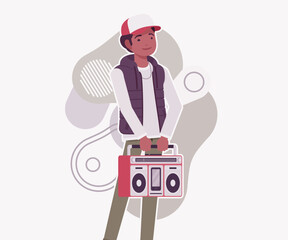 Young dark skin guy wearing cap, stereo recorder music. Boy outdoor camping holiday, male hiking, shipping service delivery courier. Vector flat style cartoon illustration, creative background