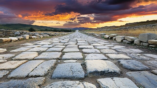 receding. An ancient Roman stone road receding into the distance under a vast sky. travel magazines, destination branding, designed for travel destination branding, elevates destination branding.