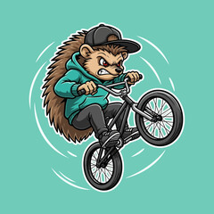 Naklejka premium Aggressive Hedgehog Character Riding a BMX Bike with Determination.