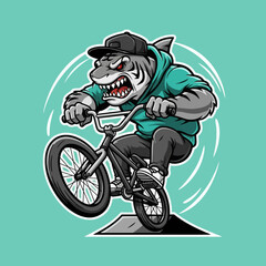 Obraz premium Aggressive Shark Mascot Riding BMX Bike with Cap and Hoodie.
