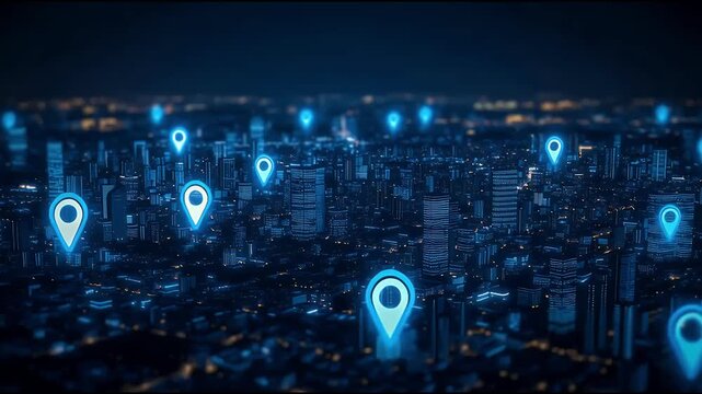 Cityscape with glowing blue location pins.