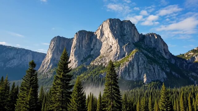 Snowless alpine valley under blue sky with pine forest and rugged peaks.
