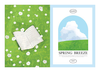 Obraz premium Abstract Green Summer landscape background vector set. Nature wallpaper of white flowers and book. Watercolor illustration for cover, wall art, decoration.