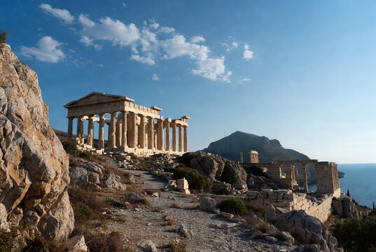 Ancient Greek temple ruins overlooking the Aegean Sea under a clear blue