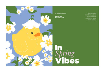 Obraz premium Abstract Green Summer landscape background vector set. Nature wallpaper of white flowers and chicken. Watercolor illustration for cover, wall art, decoration.