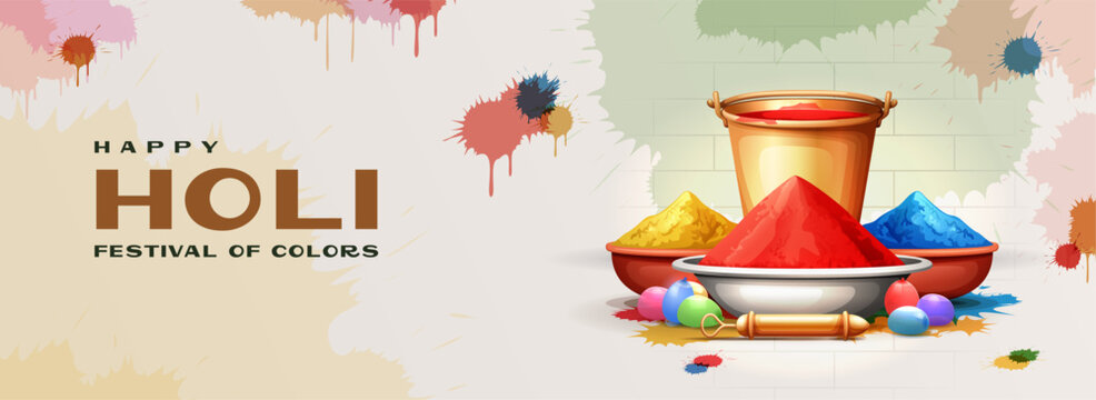 set of holi festival wishes banner for social media with illustration of holi creative elements