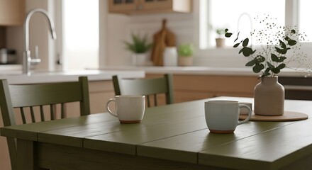 Inviting kitchen scene with mugs, botanical vase, and cozy ambience