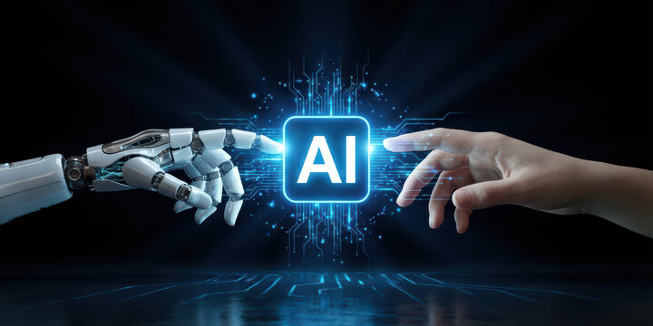 Technology ai datum artificial intelligence with digital learning computer science cyberspace network innovation system concept future information machine business cyber tech glowing cube between