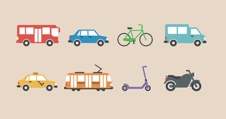 Collection of City Transportation Vehicles Flat Vector Illustration Set Featuring Bus Car Bicycle Van Taxi Tram Scooter and Motorcycle Design