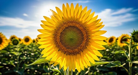 Obraz premium Sunflower Field Stock Photo With Vibrant Yellow Bloom and Clear Blue Sky