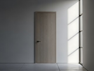 Modern interior featuring a door and natural light from an industrial window