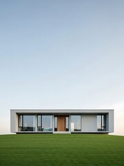 Modern minimalist house on lush green grass under clear blue gradient sky