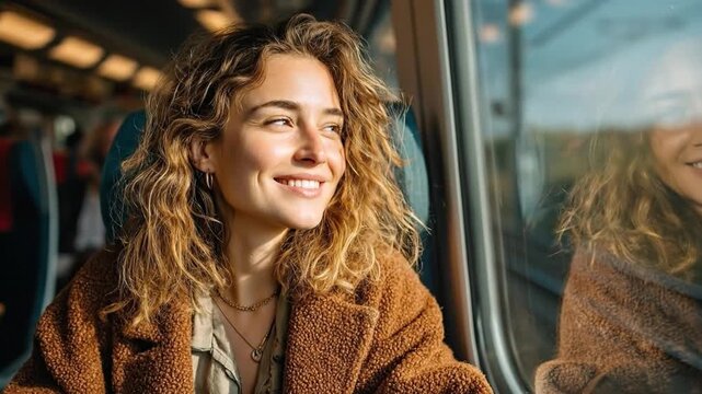 Woman with a radiant smile gazes out of a train window, her eyes reflecting the world beyond, perhaps lost in thoughts of her travel.