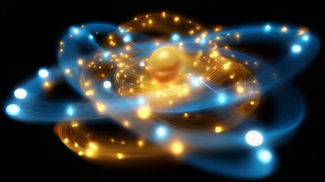 A Vibrant Representation of Atomic Structure with Glowing Particles and Energy Waves; An Artistic Visualization of the Fundamental Components of Matter, Interconnected by Dynamic Light Trails and