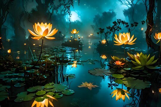 Mystical glowing lotus pond at night pink flowers misty swamp ancient trees blue fog moonlight