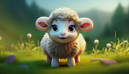 sheep in grass cartoon character oil painting style illustration