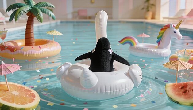 Surreal penguin inflatable pool float tropical party summer surreal silliness rainbow joy at indoor swimming pool with confetti celebration glitter fantasy pastel color playful scene