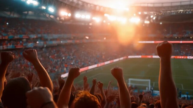 Cheering soccer fans celebrate their team's triumph during an exciting match in a packed stadium at sunset