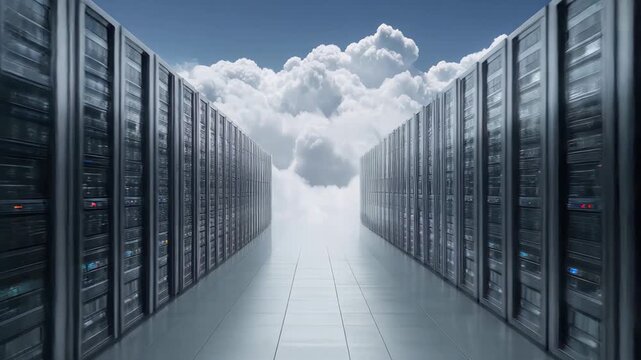 Exploration of a modern server datacenter showcasing advanced cloud computing and data storage technology with rows of servers under a cloud-filled sky