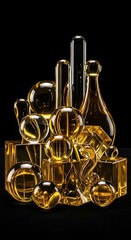 Refractive composition of assorted golden glass shapes against black