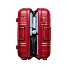 Fototapeta premium Red suitcase packed with clothes and toiletries