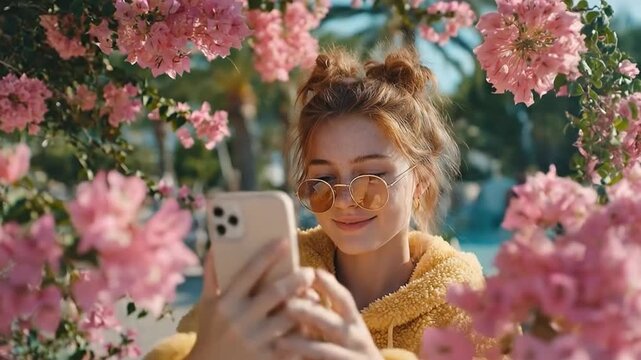 A young woman captures a vibrant selfie amidst a profusion of blossoming flowers, radiating a carefree and joyful aura.